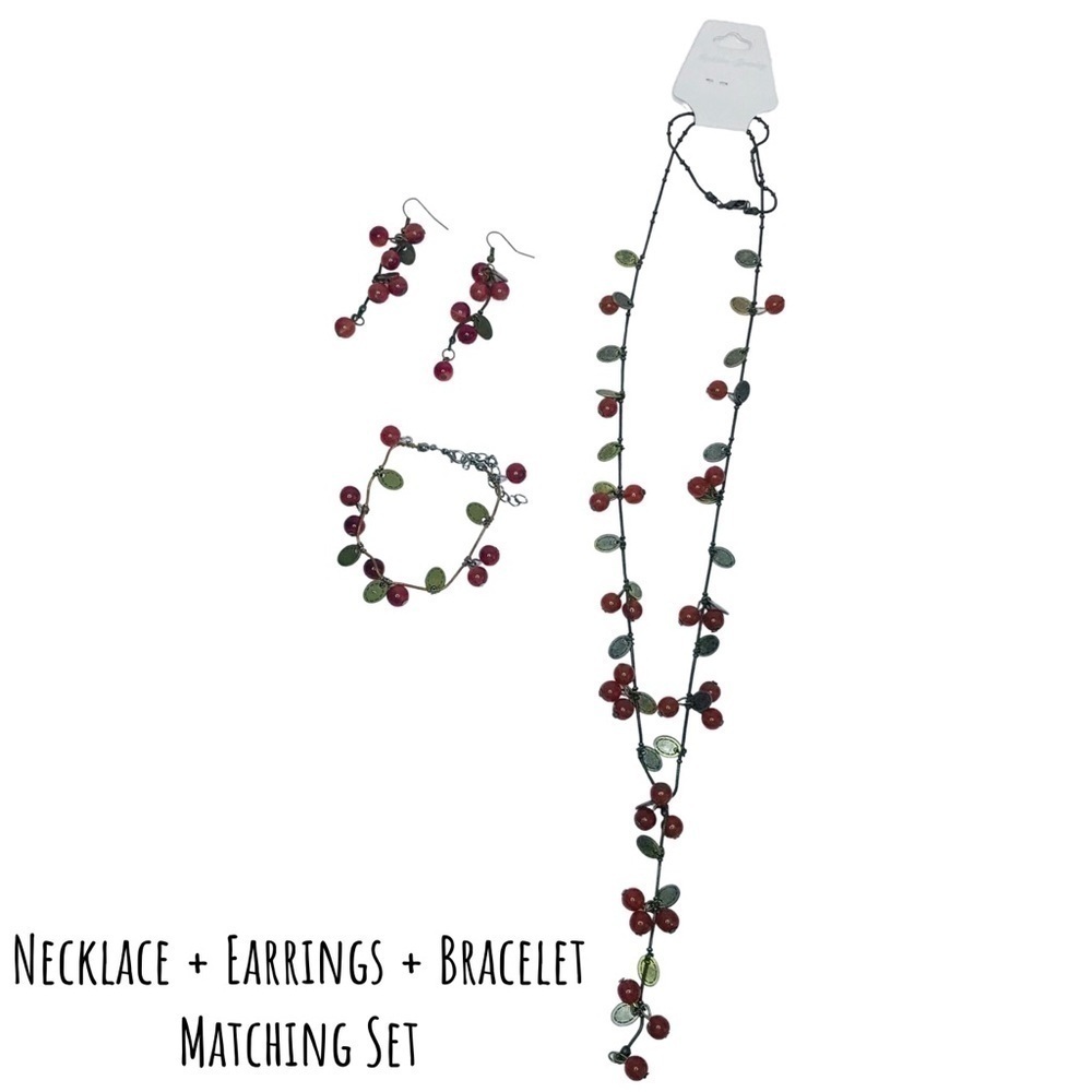 Cherries Jewelry Set Beaded Long Necklace Earrings Bracelet Matching 3 Piece Set